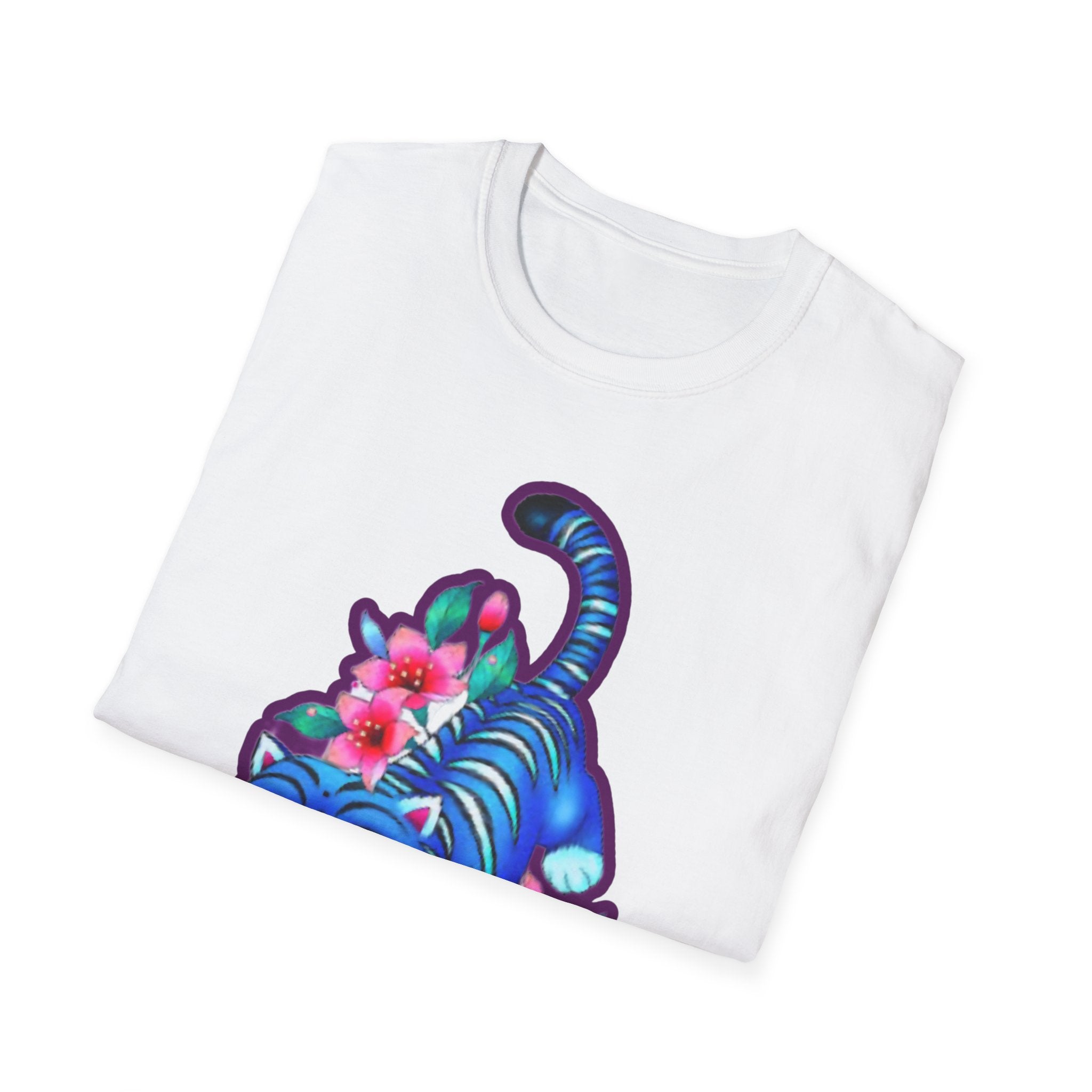 Charming Blue Floral Cat  idol tigerT-Shirt, Cute Cat Tee, Animal Lover Gift, Summer Fashion, Gift for Cat Lovers, Fun Graphic Tee
