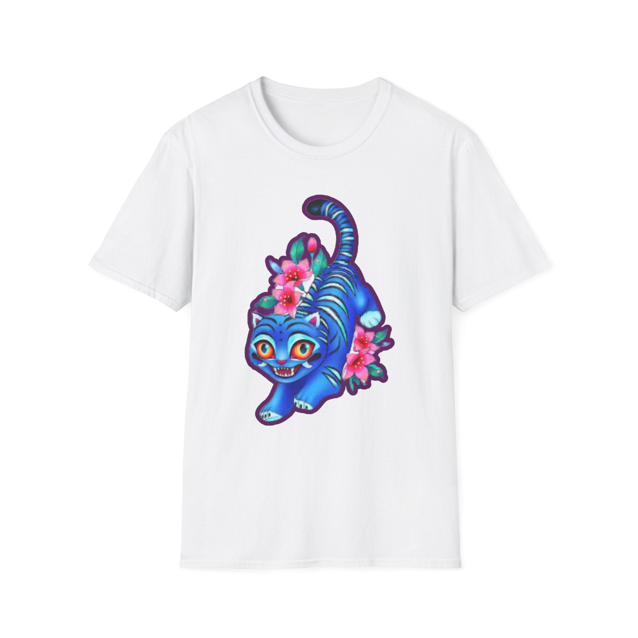 Charming Blue Floral Cat  idol tigerT-Shirt, Cute Cat Tee, Animal Lover Gift, Summer Fashion, Gift for Cat Lovers, Fun Graphic Tee